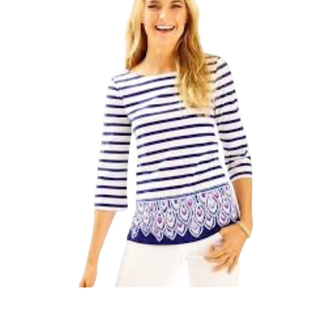 Lilly Pulitzer Women's Striped‎ 3/4 Sleeve Boatneck Top with Printed Hem